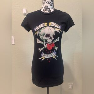 Ed Hardy Christian Audigier Love Die Hard Skull Rhinestone Shirt Women’s M